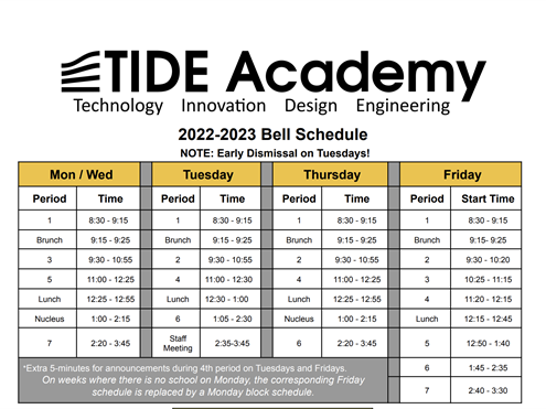 Updated TIDE Bell Schedule (2022-2023)